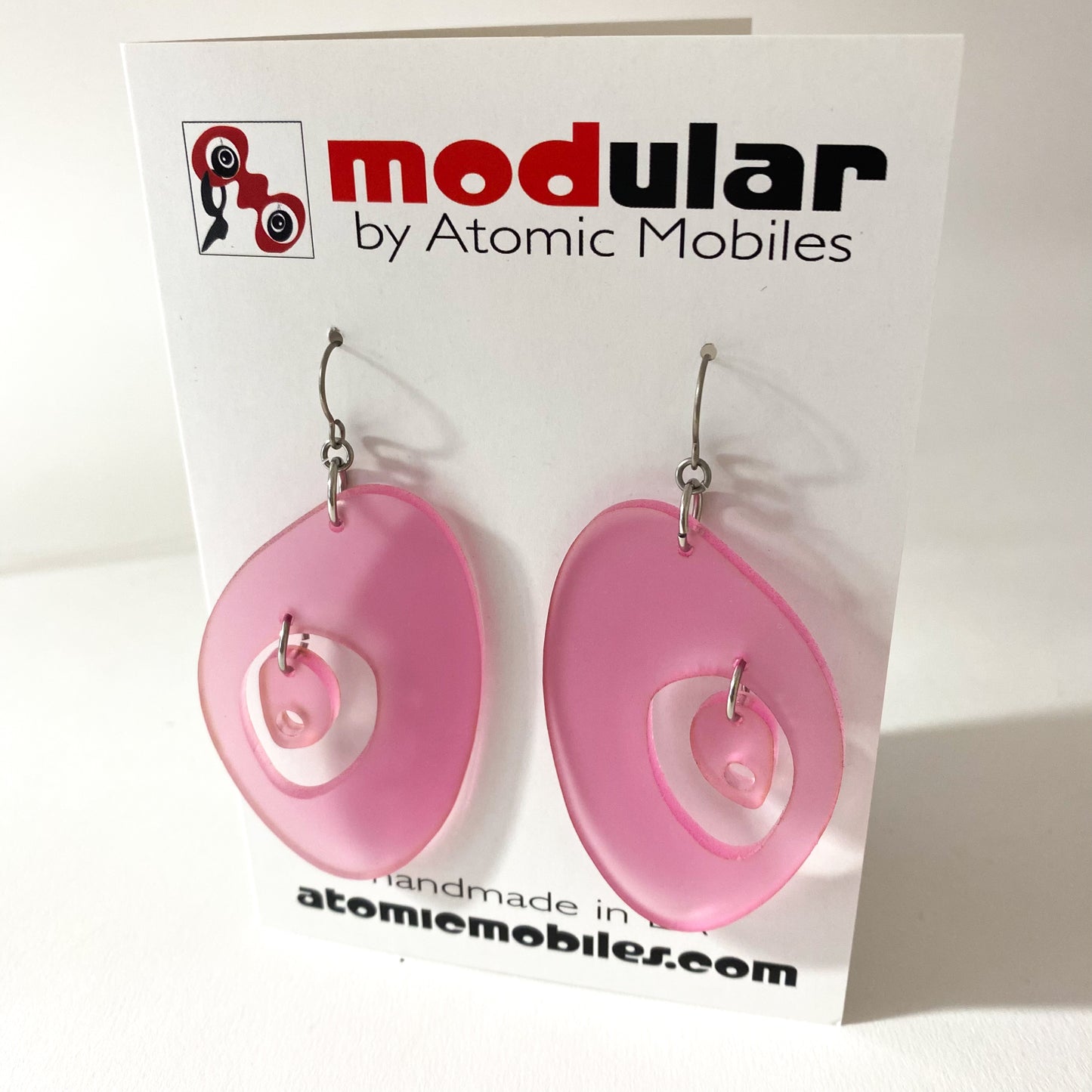 Frosted Pink The Modernist retro mid century modern statement fashion earrings by AtomicMobiles.com