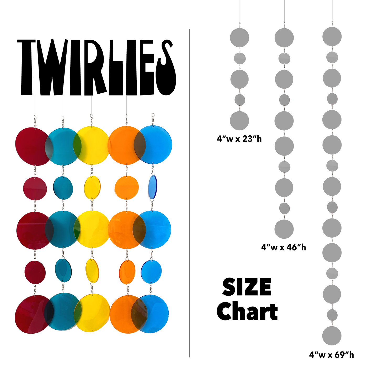 Twirlies Size Chart - fun hanging art mobiles that are circles of color that twirl - by AtomicMobiles.com