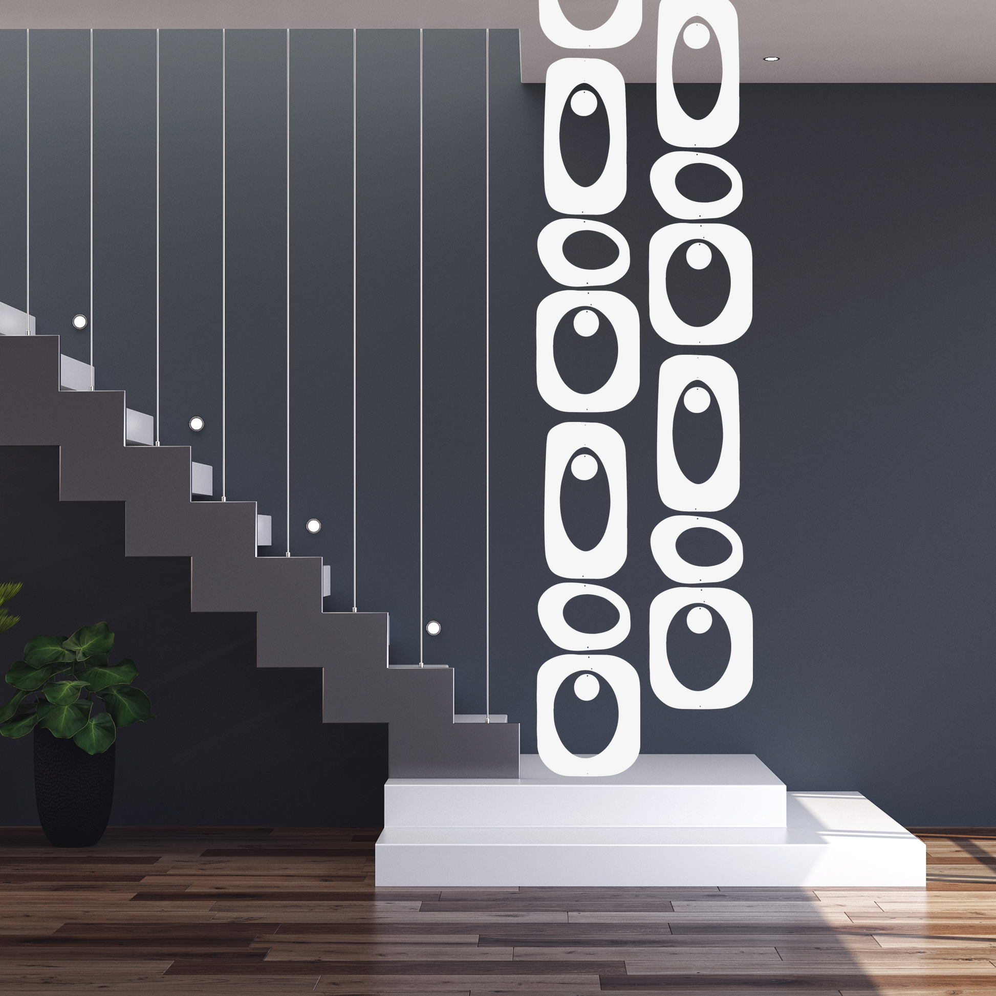 Beautiful modern minimalist staircase with 2 strands of white Beatnik Party Hanging Art Mobiles by AtomicMobiles.com