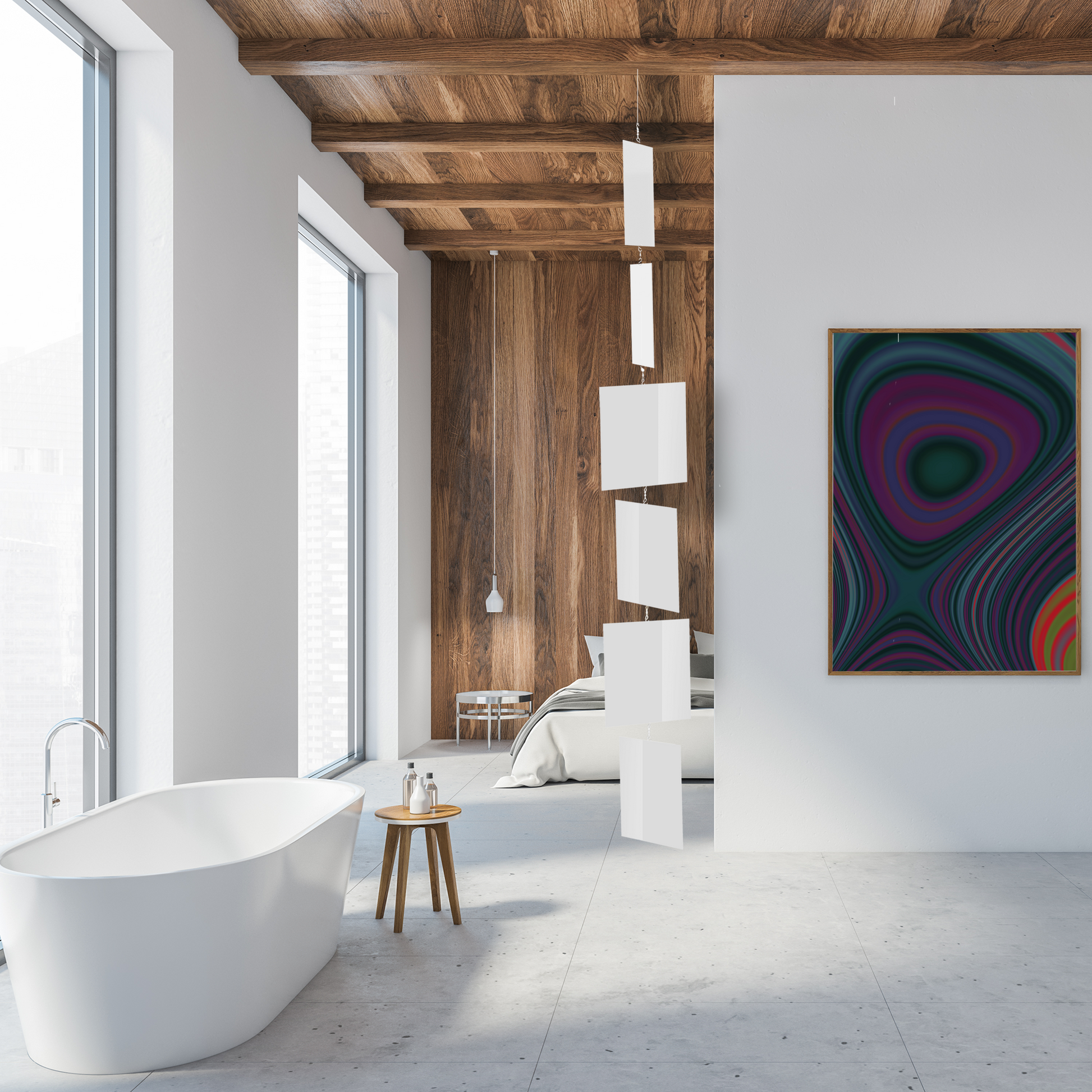 Beautiful modern bathroom with round bathtub, framed abstract art print, wood wall and ceiling and white MODcast kinetic hanging art mobile by AtomicMobiles.com