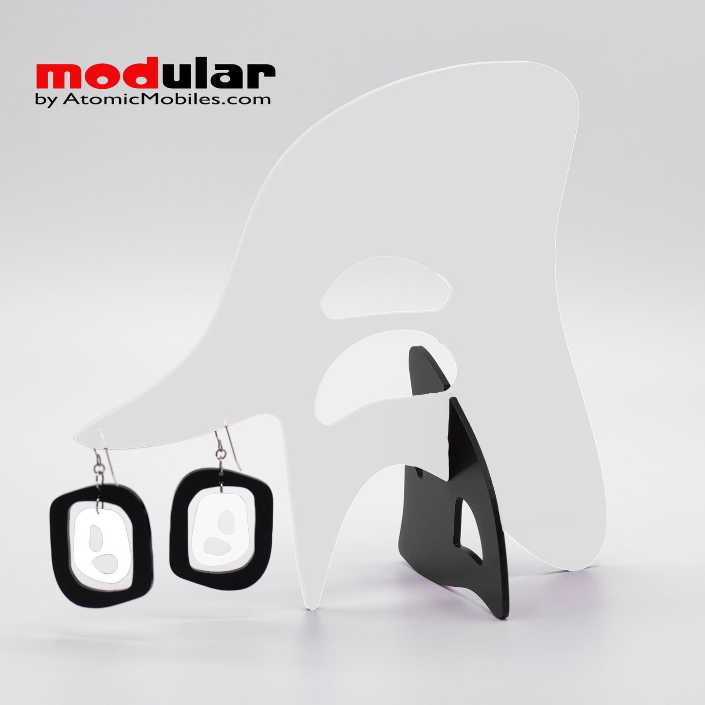 Handmade Mid 20th mod style earrings and stabile kinetic modern art sculpture in White and Black by AtomicMobiles.com