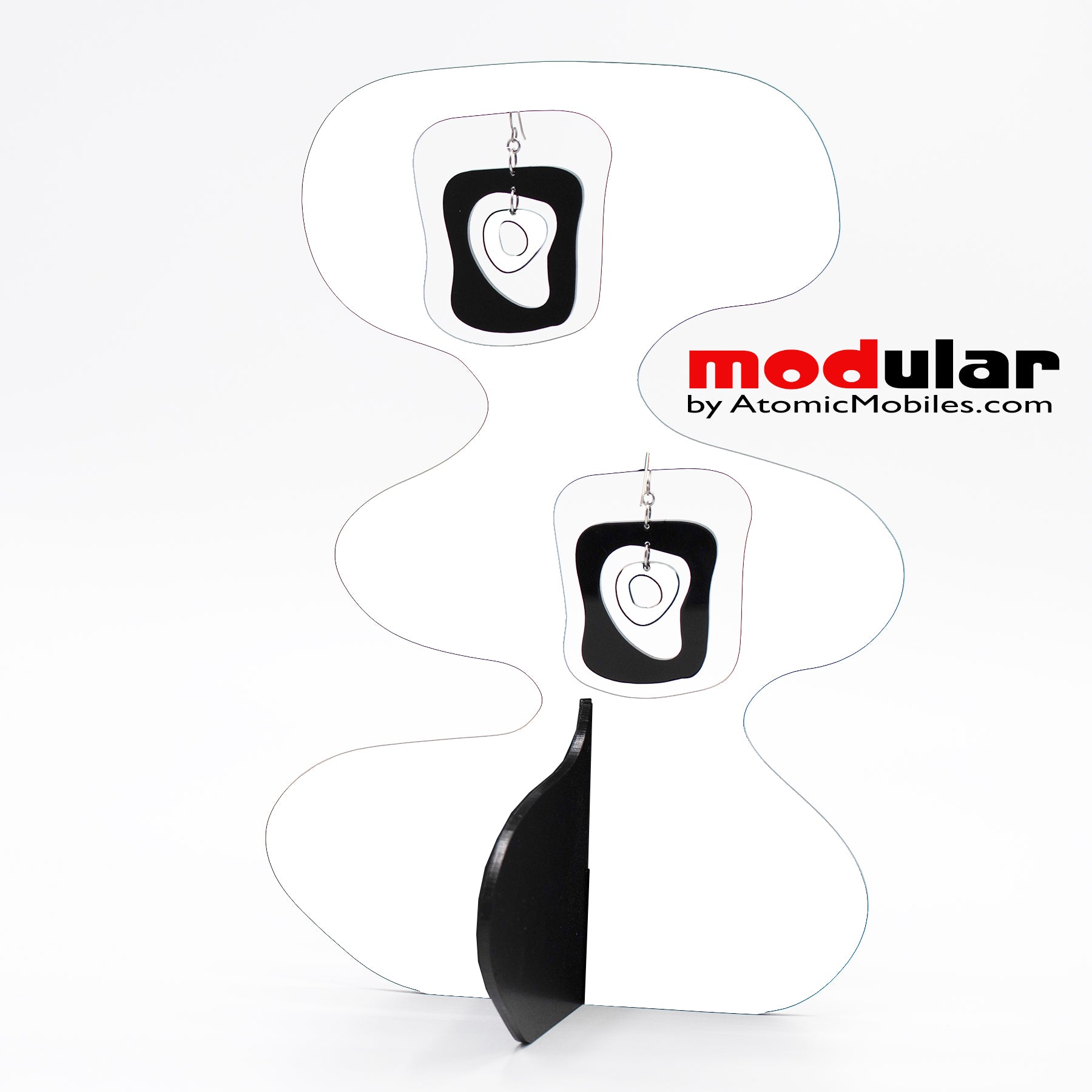 Handmade Mid Mod retro midcentury style earrings and stabile kinetic modern art sculpture in White and Black by AtomicMobiles.com
