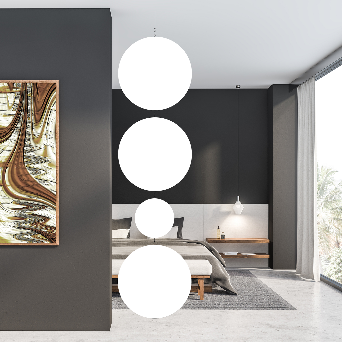 White BOLD XL dramatic kinetic hanging art mobile in modern white black and gray bedroom, with framed abstract art - large mobile by AtomicMobiles.com