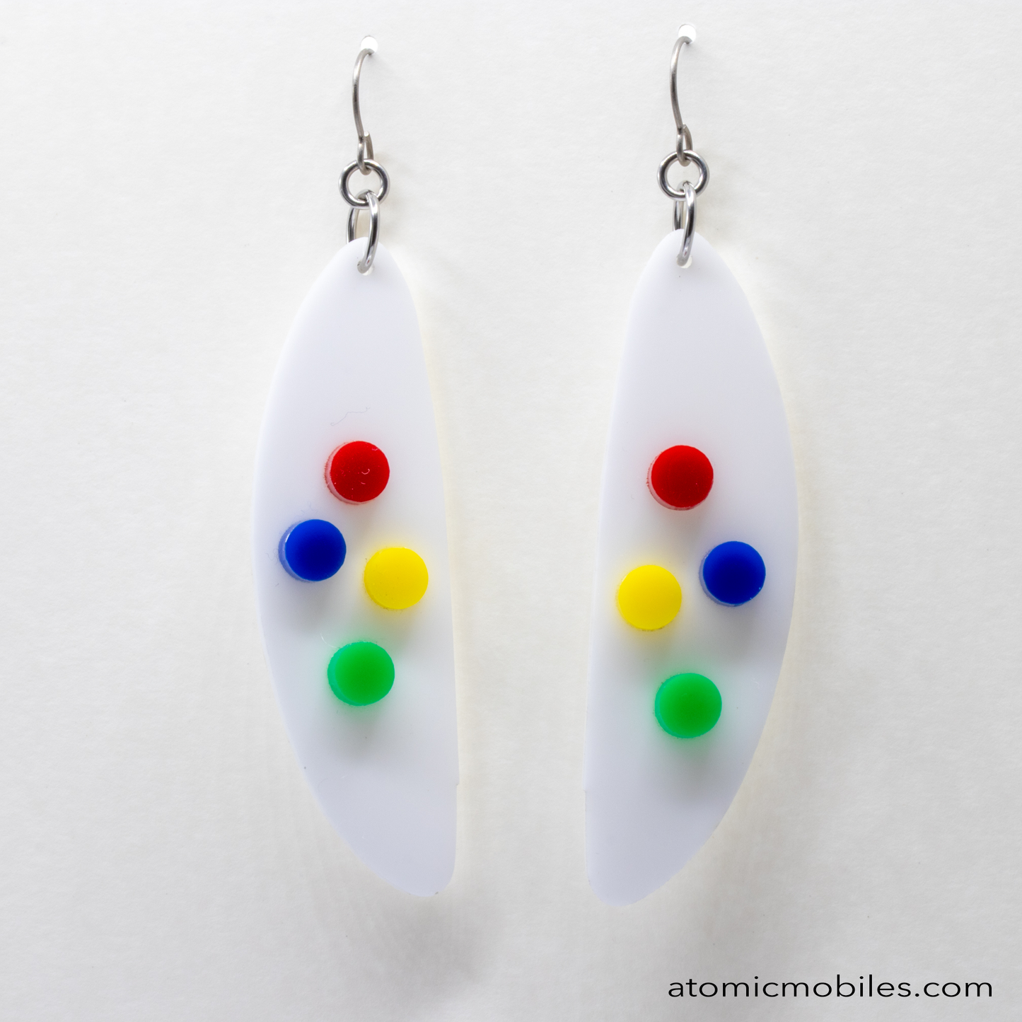 POPdots modern retro statement earrings in White with Multi Color Dots acrylic by AtomicMobiles.com