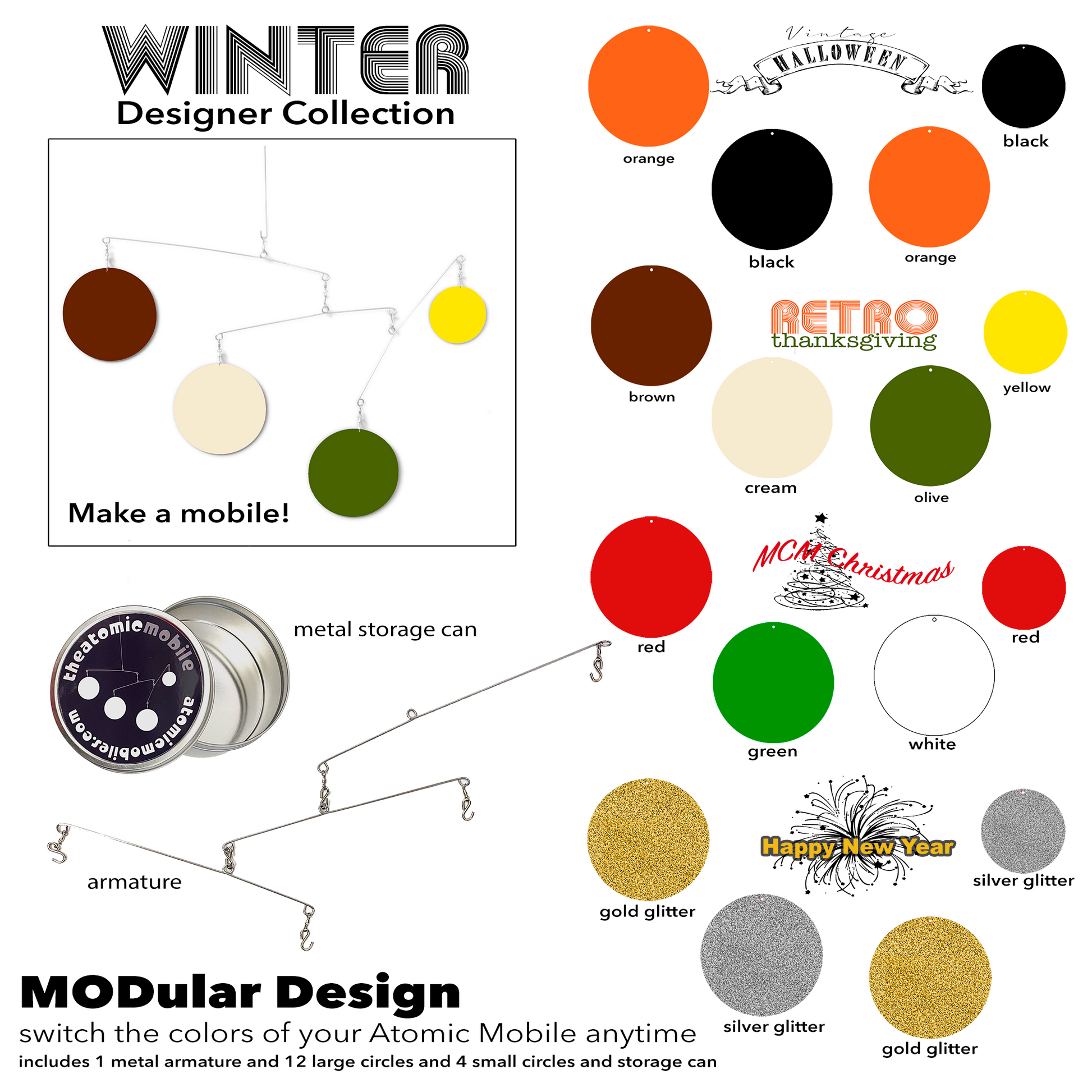 The Atomic Mobile WINTER Designer Collection - DIY Kit to make a kinetic hanging art mobile - MODular design includes 16 circles to mix up any way you wish - by AtomicMobiles.com