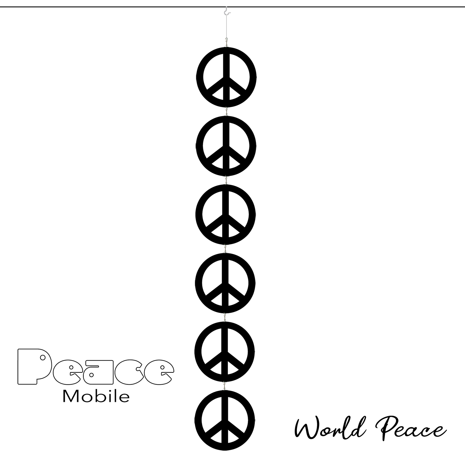 Peace Mobile - 6 Peace signs in a black kinetic hanging art mobile symbolizes World Peace - by AtomicMobiles.com