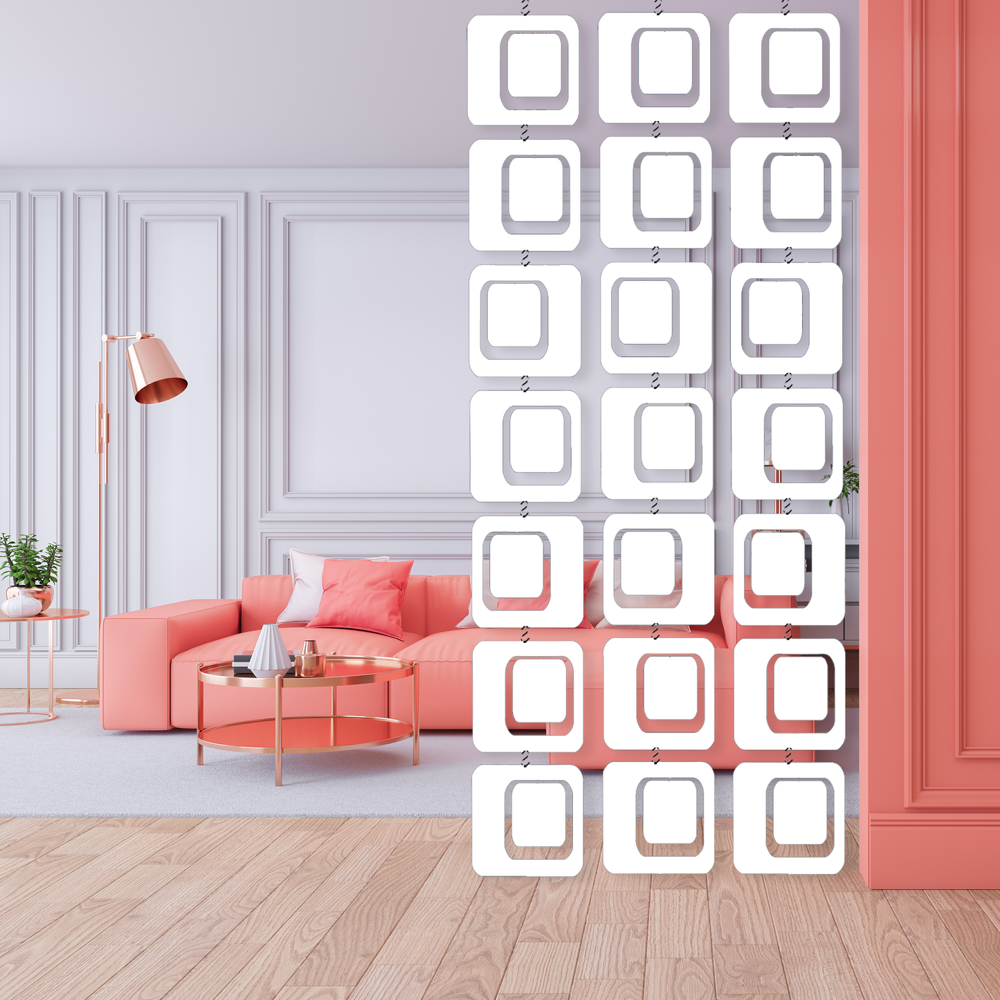 XL Dramatic White Coolsville XL room divider in peach pink colored living room by AtomicMobiles.com