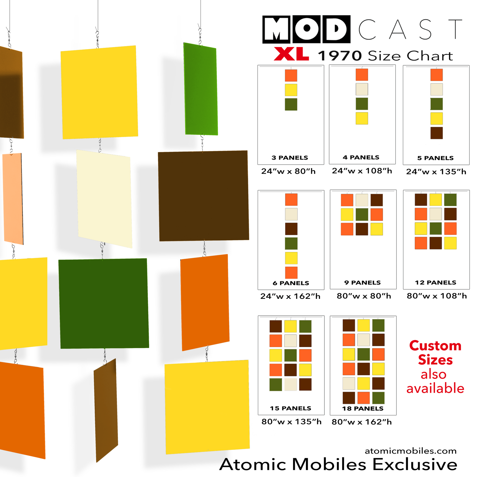 Size Chart for 1970 MODcast XL Architectural Hanging Art Mobiles in Yellow, Olive Green, Brown, Cream, and Orange - mid century modern inspired hanging kinetic art mobiles by AtomicMobiles.com
