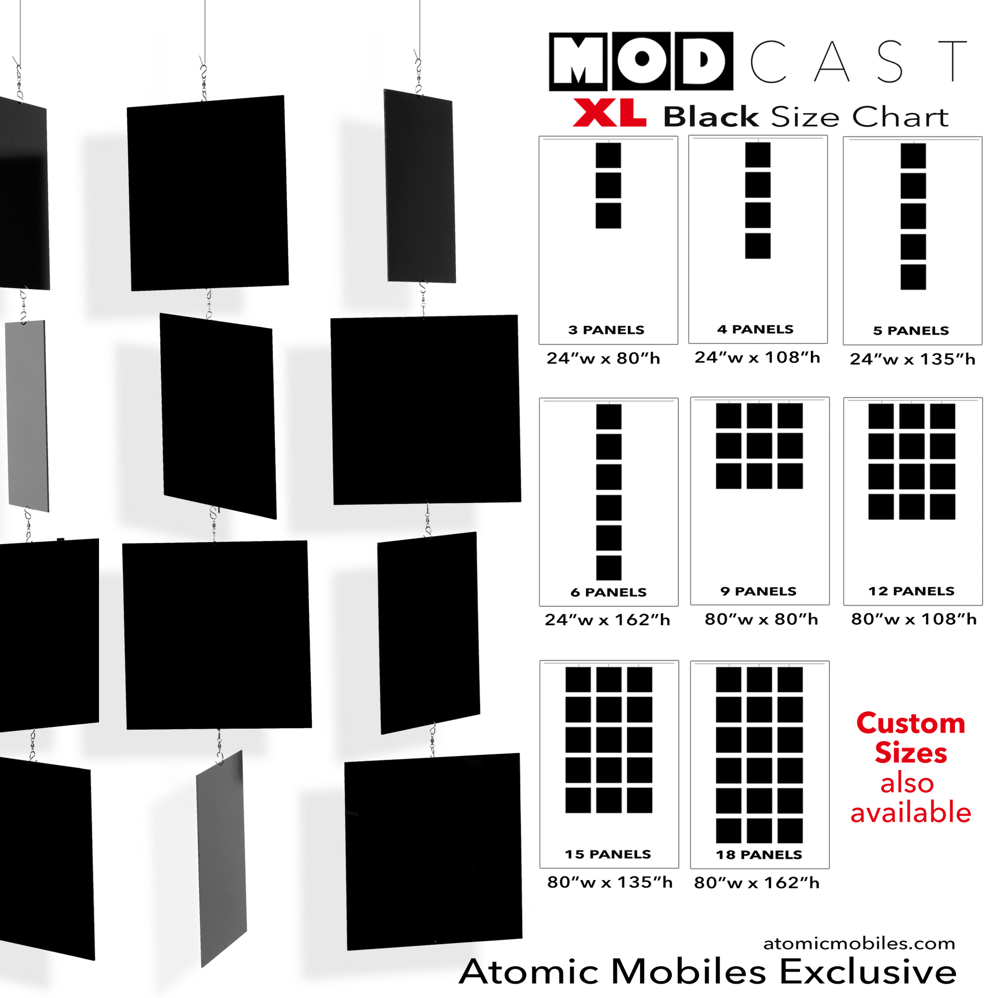 Size Chart for Black MODcast XL Architectural Hanging Art Mobiles - mid century modern inspired hanging kinetic art mobiles by AtomicMobiles.com