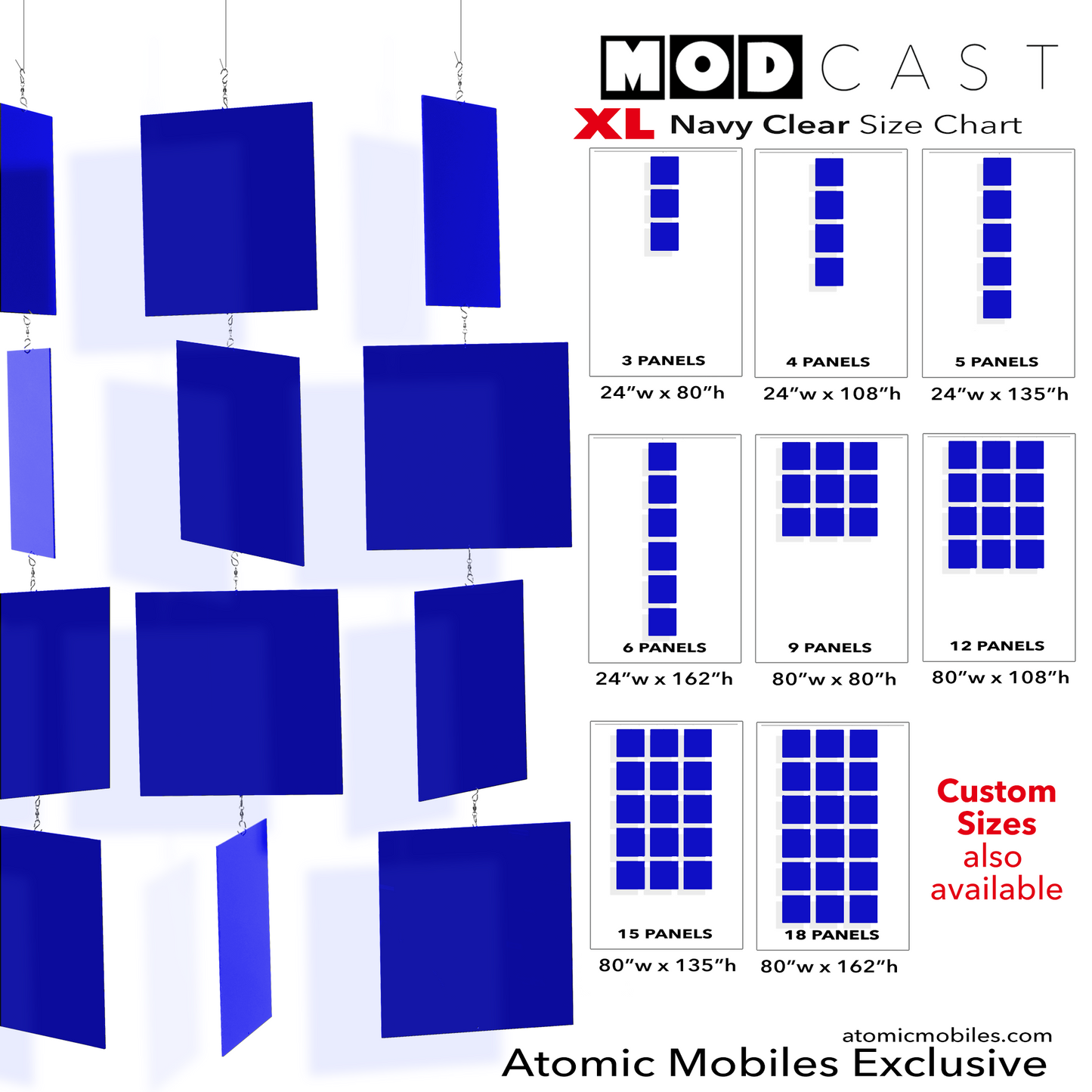 XL MODcast kinetic hanging art mobiles in mid century modern style in navy blue clear acrylic plexiglass by AtomicMobiles.com