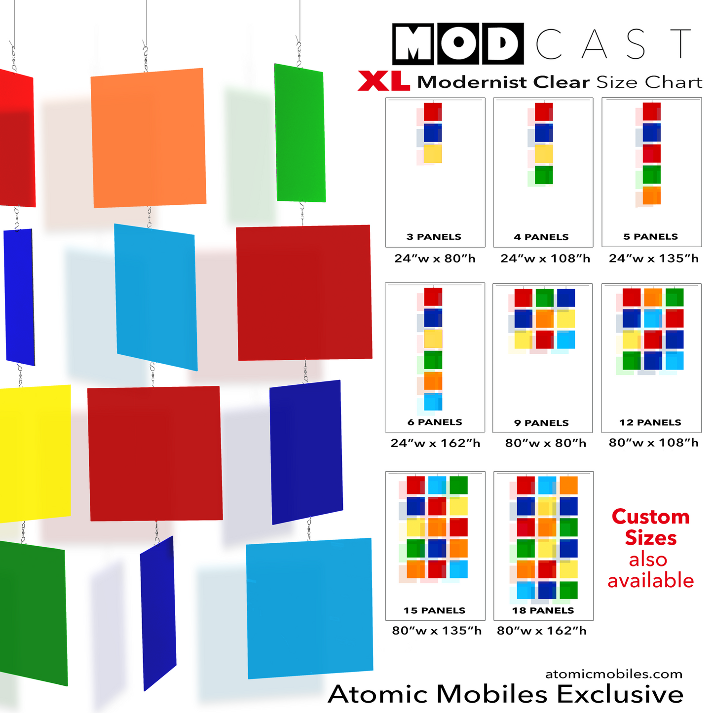 XL MODcast kinetic hanging art mobiles in mid century modern style in Modernist colors of Red, Navy Blue, Orange, Light Blue, Yellow, and Green clear acrylic plexiglass by AtomicMobiles.com