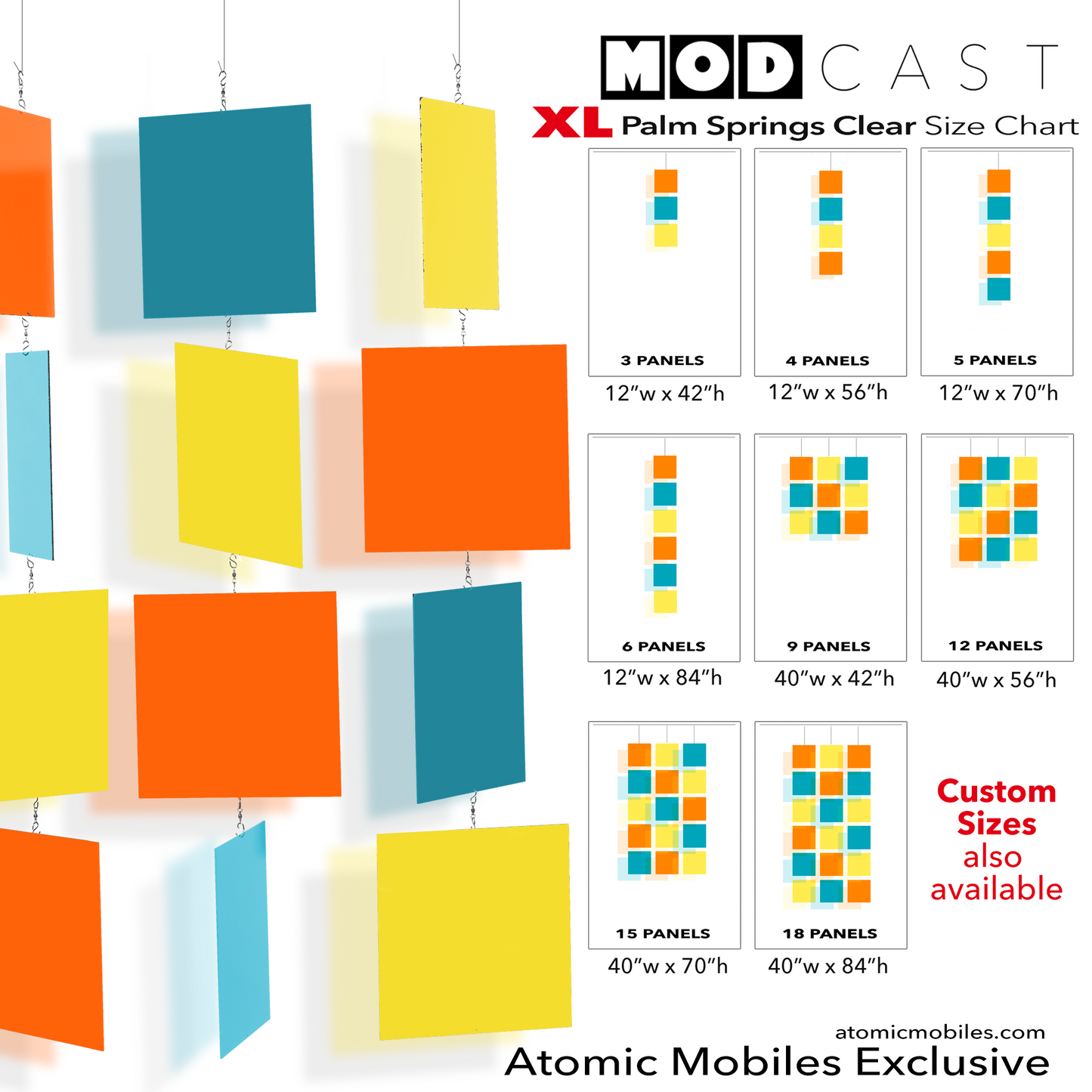 XL MODcast kinetic hanging art mobiles in mid century modern style in Palm Springs  clear acrylic plexiglass in Orange, Teal, and Yellow by AtomicMobiles.com