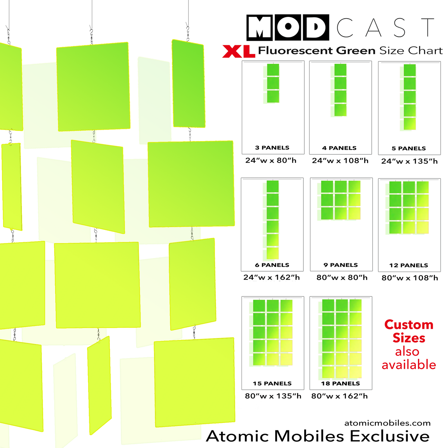 Size Chart for MODcast XXL Huge hanging art mobiles in fluorescent lime green acrylic plexiglass - made in Los Angeles by AtomicMobiles.com