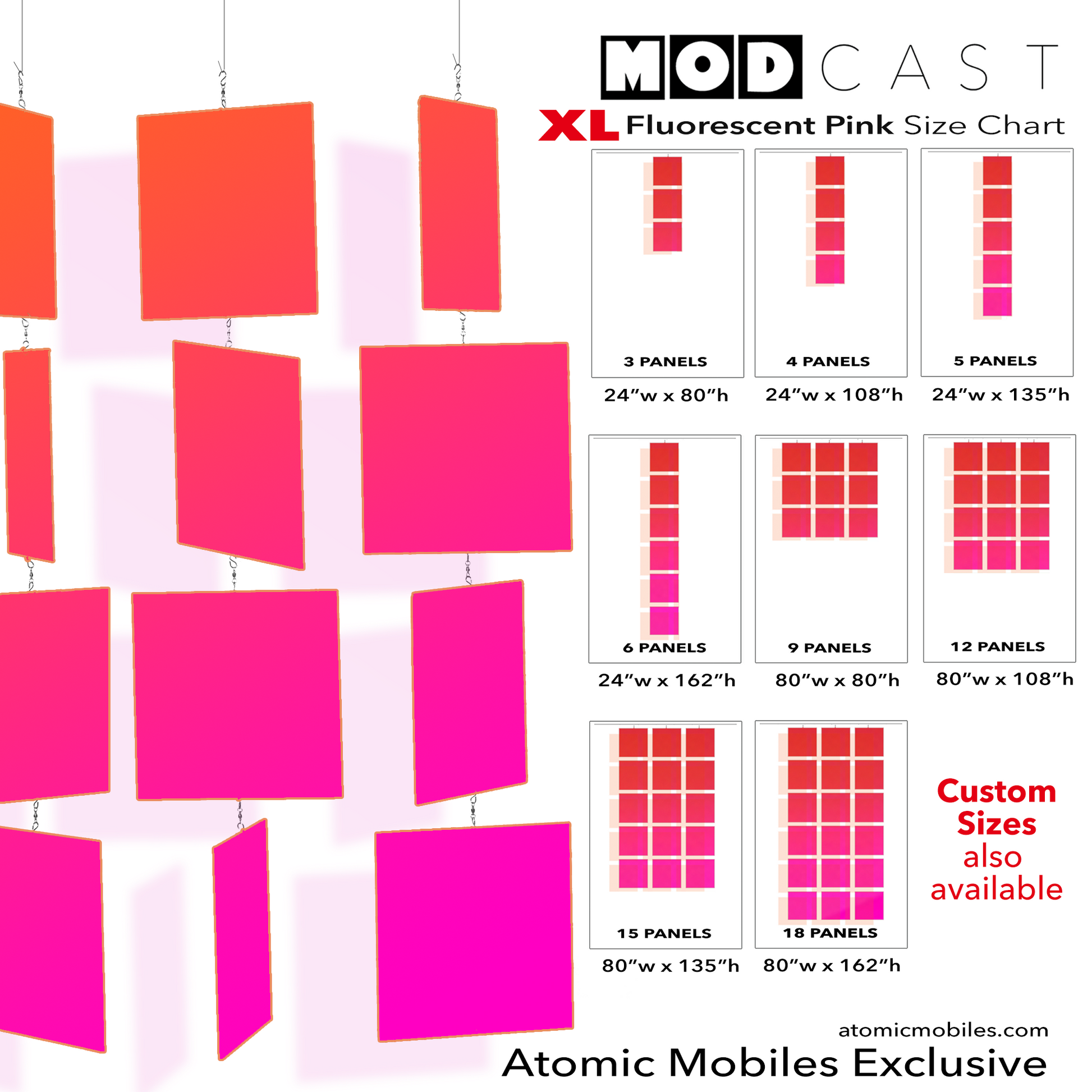 Size Chart for MODcast XXL Huge hanging art mobiles in fluorescent pink acrylic plexiglass - made in Los Angeles by AtomicMobiles.com