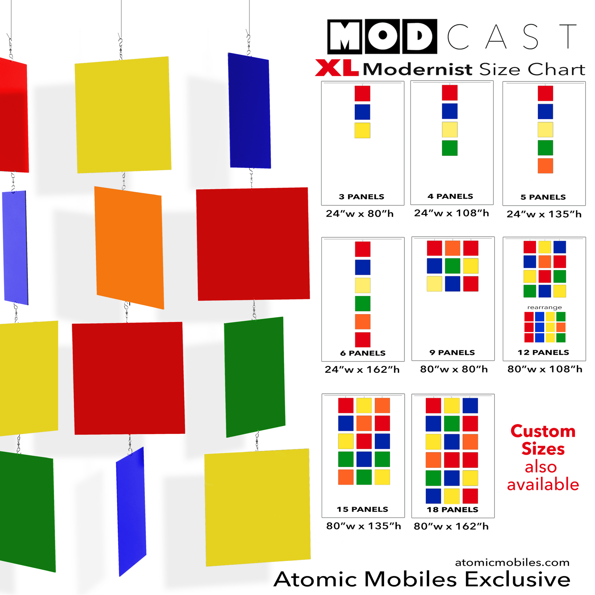 Size Chart for Modernist MODcast XL Architectural Hanging Art Mobiles in Red, Navy Blue, Yellow, Green, and Orange - mid century modern inspired hanging kinetic art mobiles by AtomicMobiles.com