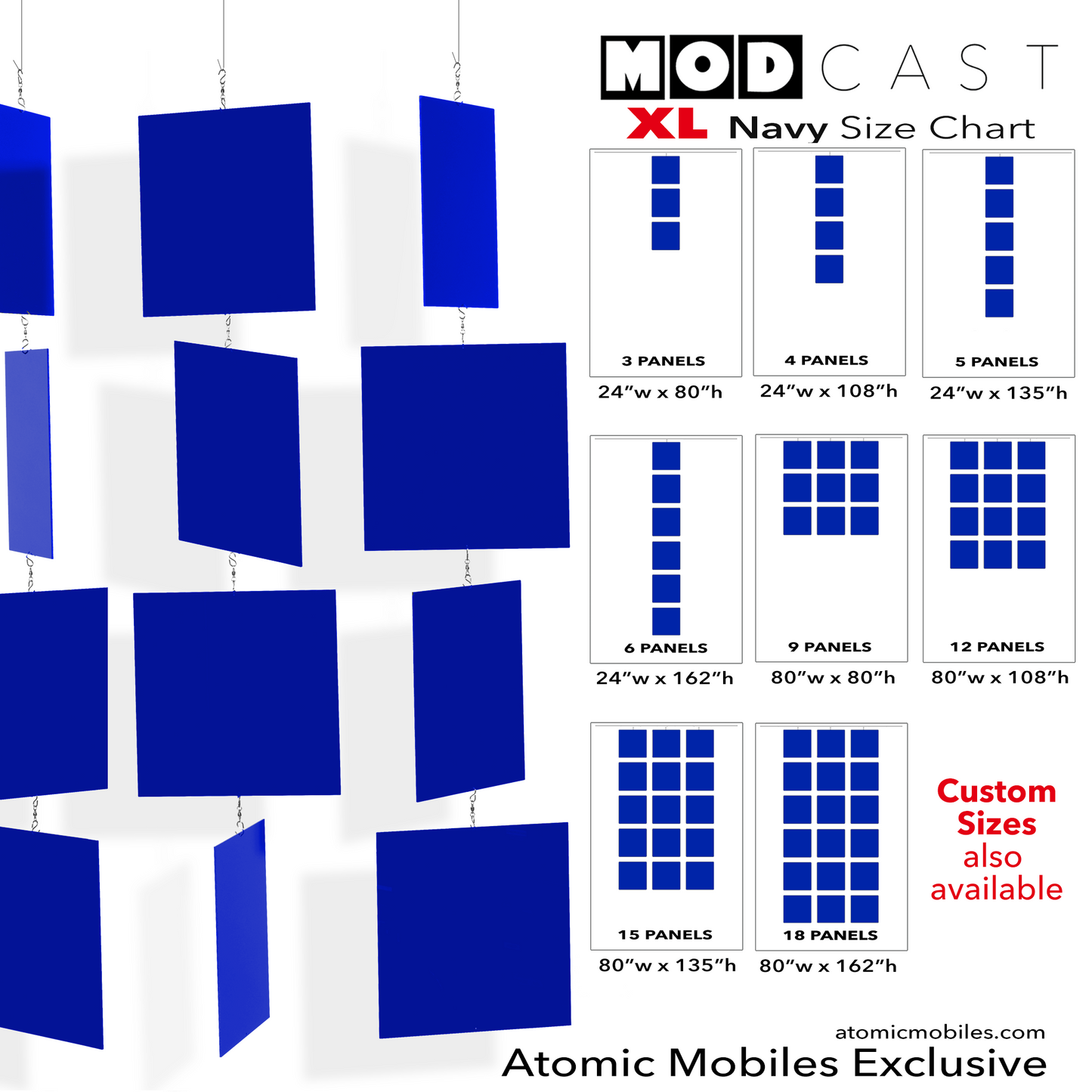 Size Chart for Navy Blue MODcast XL Architectural Hanging Art Mobiles - mid century modern inspired hanging kinetic art mobiles by AtomicMobiles.com