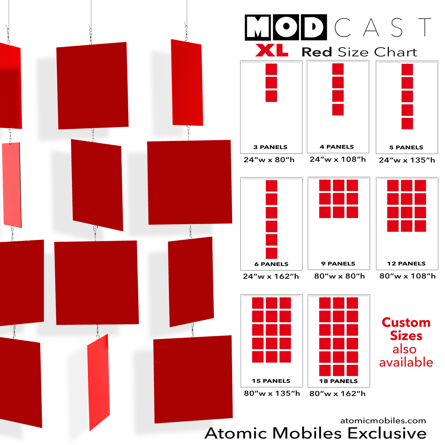 Size Chart for Red MODcast XL Architectural Hanging Art Mobiles - mid century modern inspired hanging kinetic art mobiles by AtomicMobiles.com