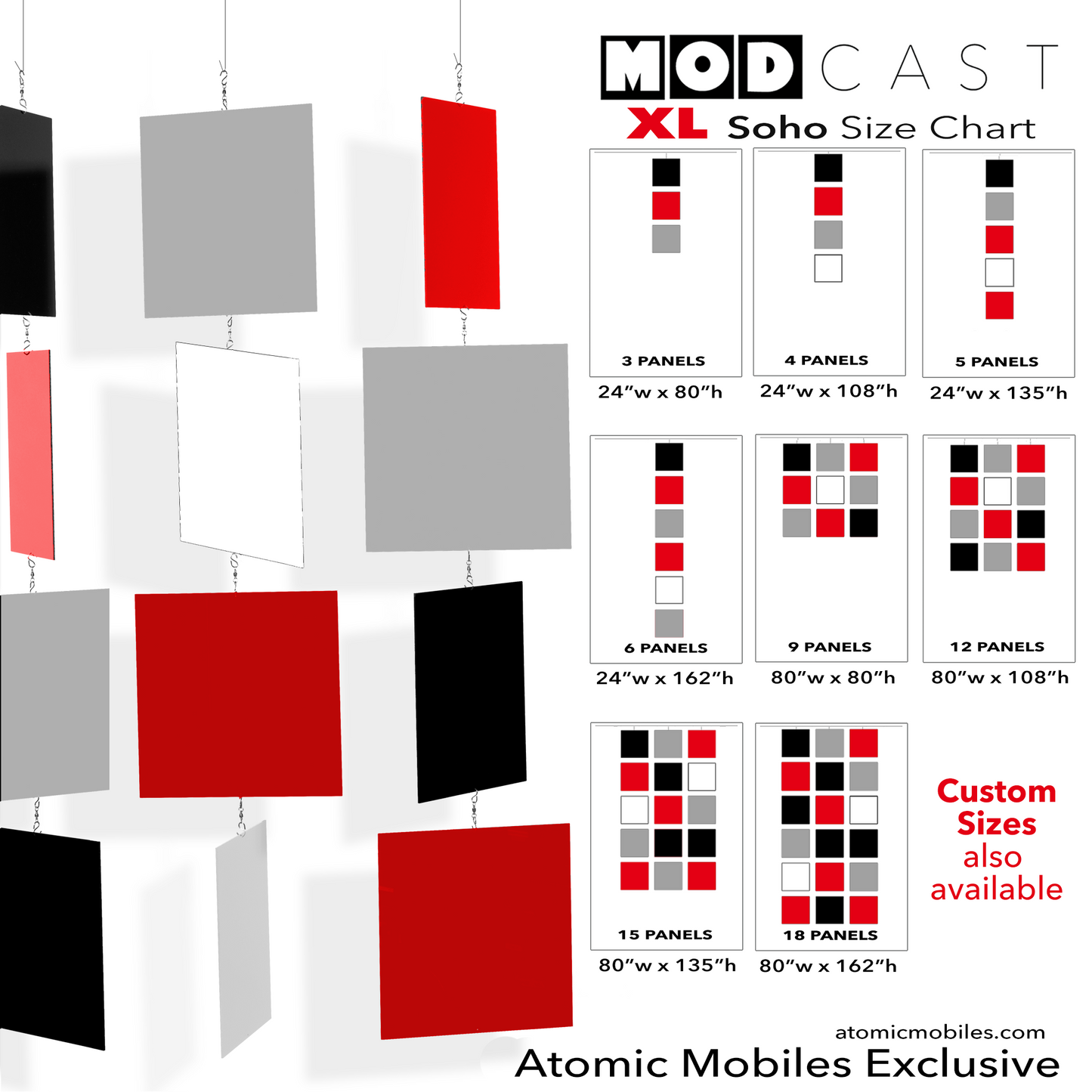 Size Chart for SOHO MODcast XL Architectural Hanging Art Mobiles in Black, Red, Gray, and White - mid century modern inspired hanging kinetic art mobiles by AtomicMobiles.com