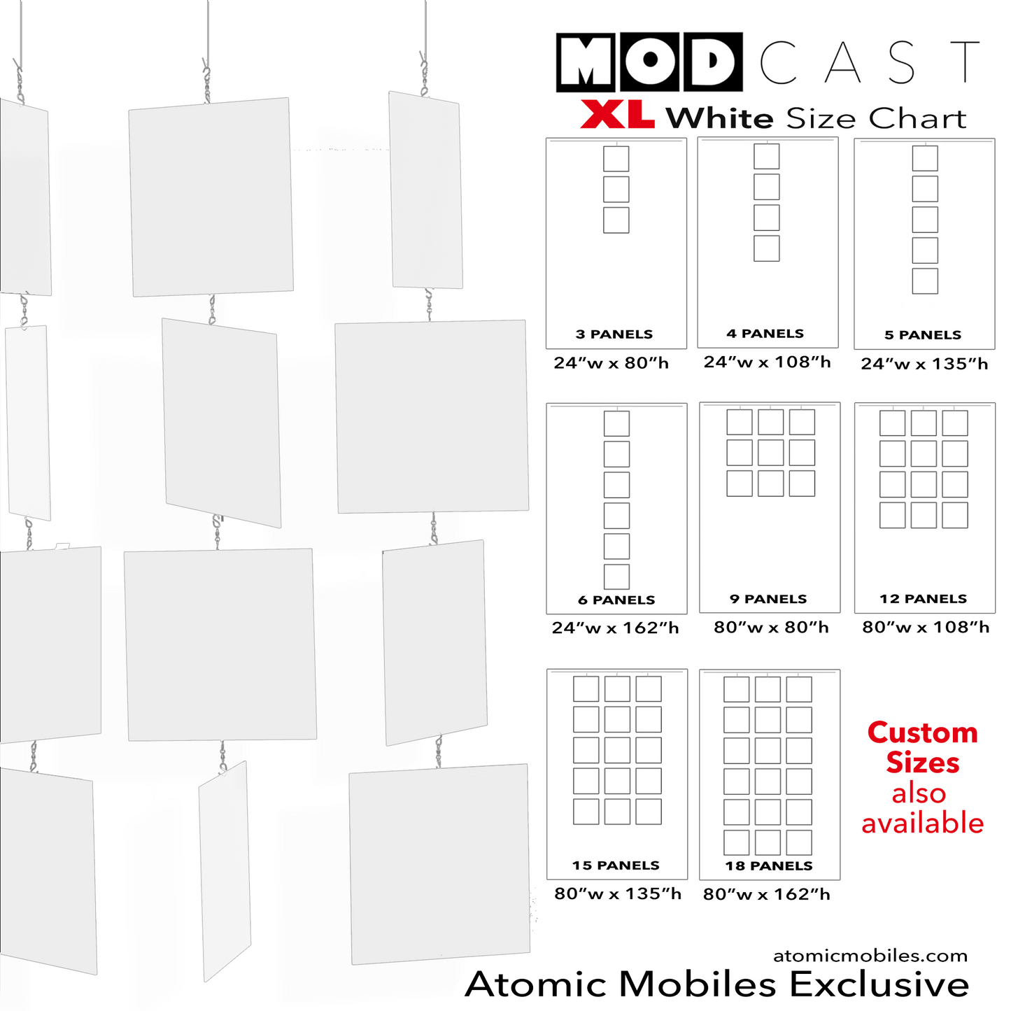 Size Chart for White MODcast XL Architectural Hanging Art Mobiles in - mid century modern inspired hanging kinetic art mobiles by AtomicMobiles.com