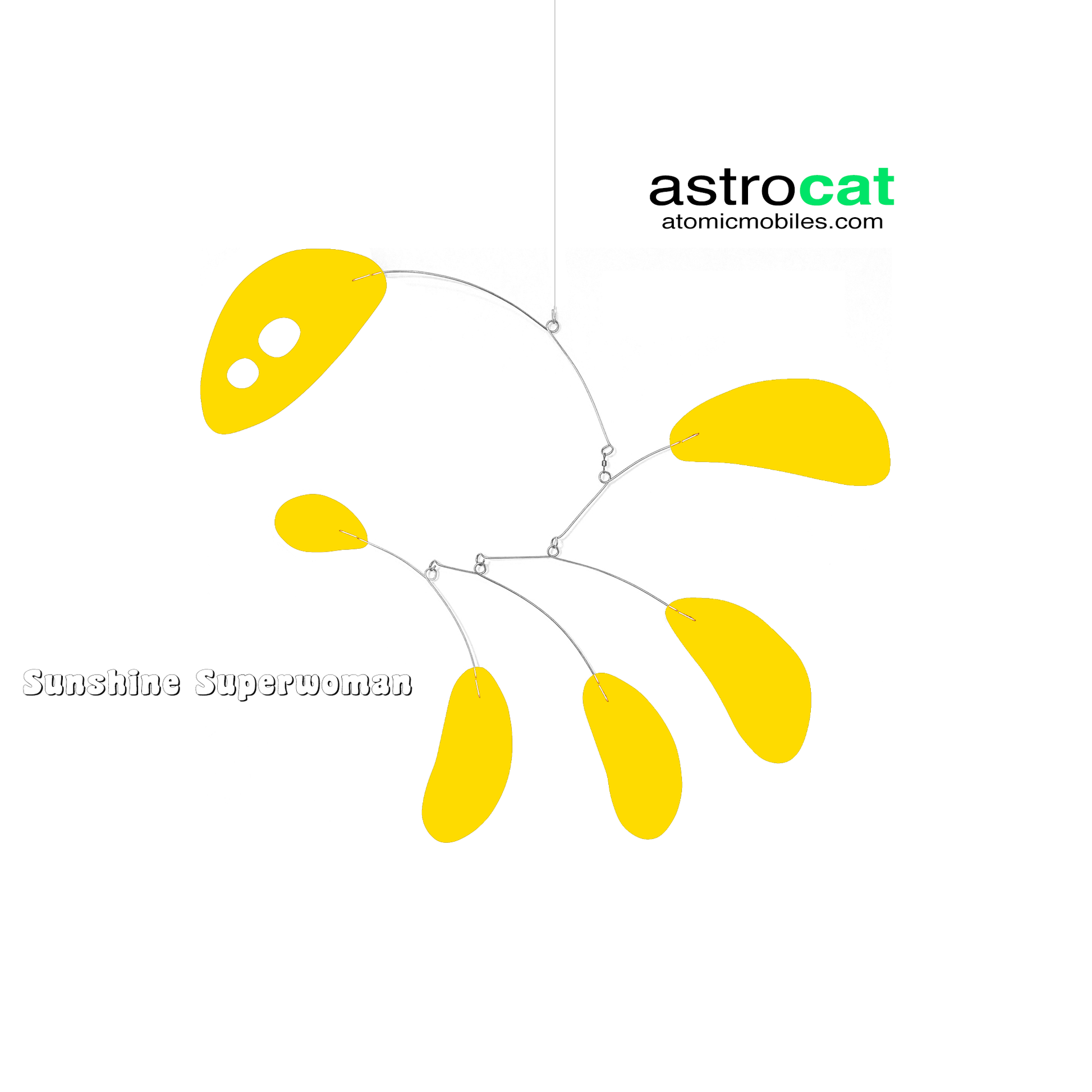 AstroCat hanging art mobile in yellow Sunshine Superwoman color - kinetic mid century modern inspired art by AtomicMobiles.com