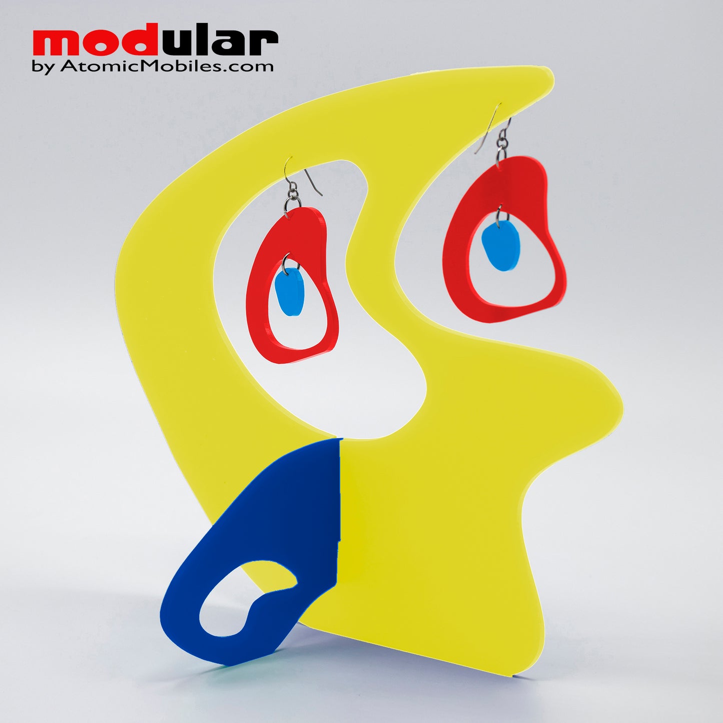 Handmade Boomerang Retro style earrings and stabile kinetic modern art sculpture in Yellow Red and Blue by AtomicMobiles.com