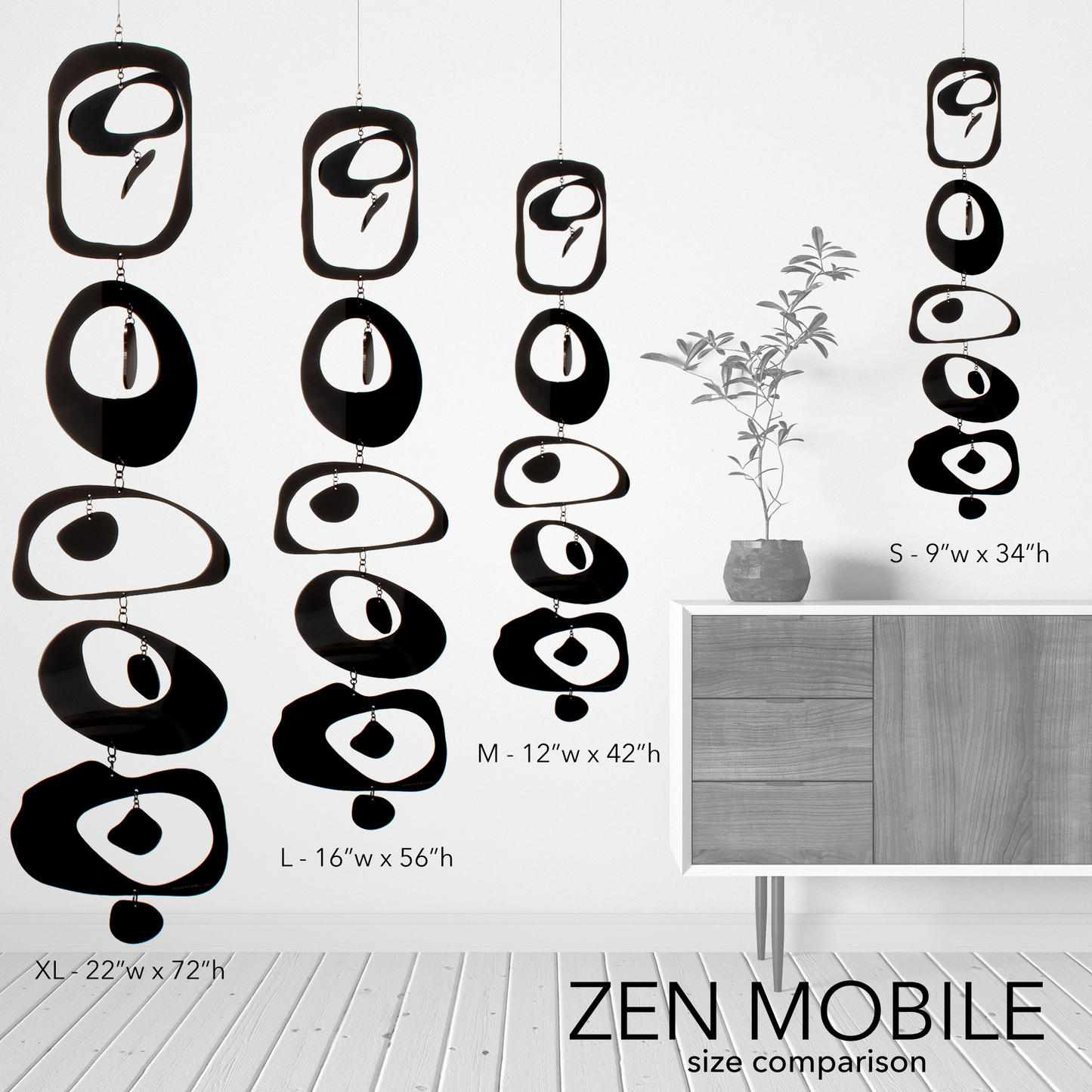 Zen Mobile Size Comparison Chart - zen inspired hanging art mobiles by AtomicMobiles.com
