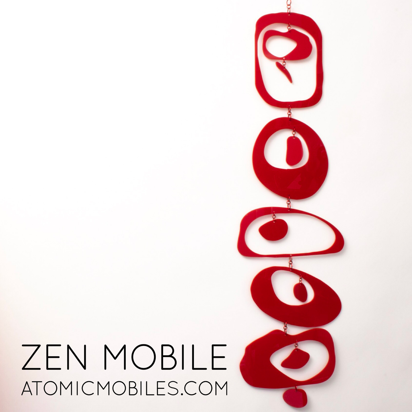 Zen Mobile in Red by AtomicMobiles.com on white background - calm kinetic sculpture inspired by rock balancing